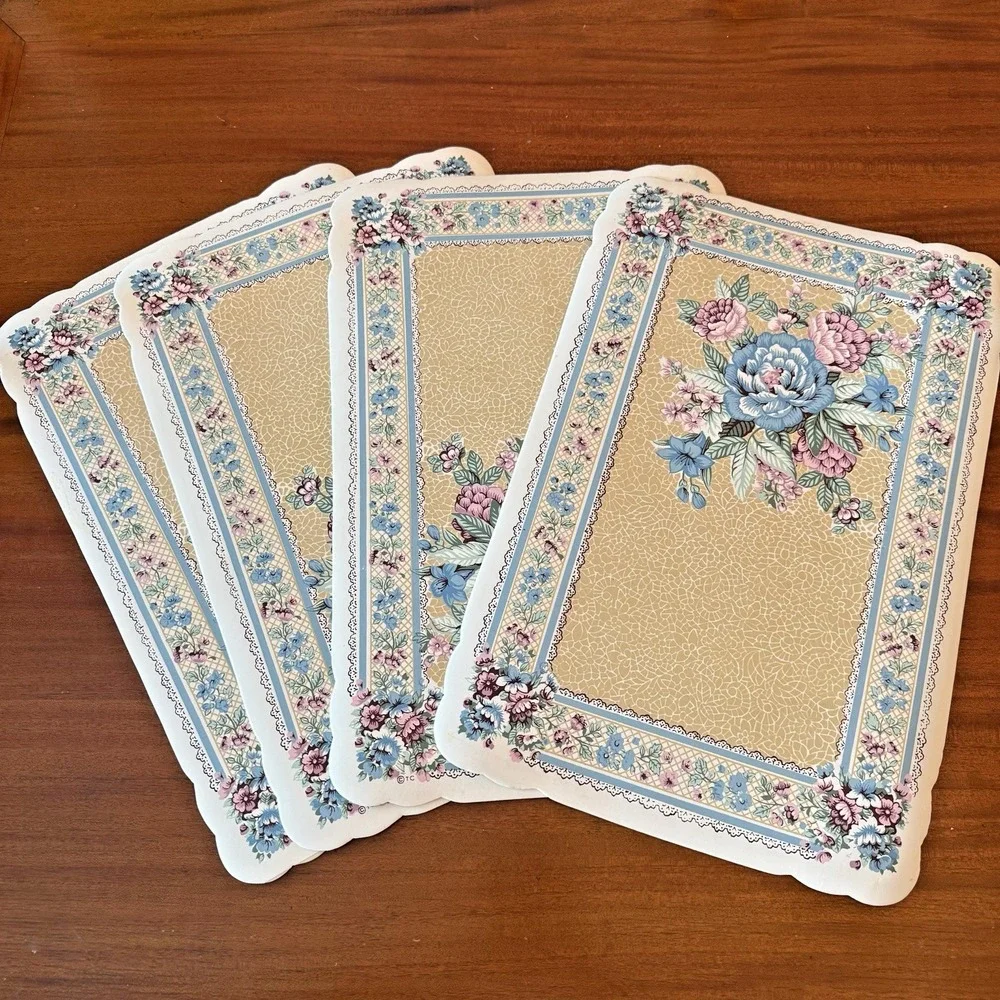 Town & Country Vanessa Vinyl Placemats Set of 4 | Floral Roses Blue Pink Vintage